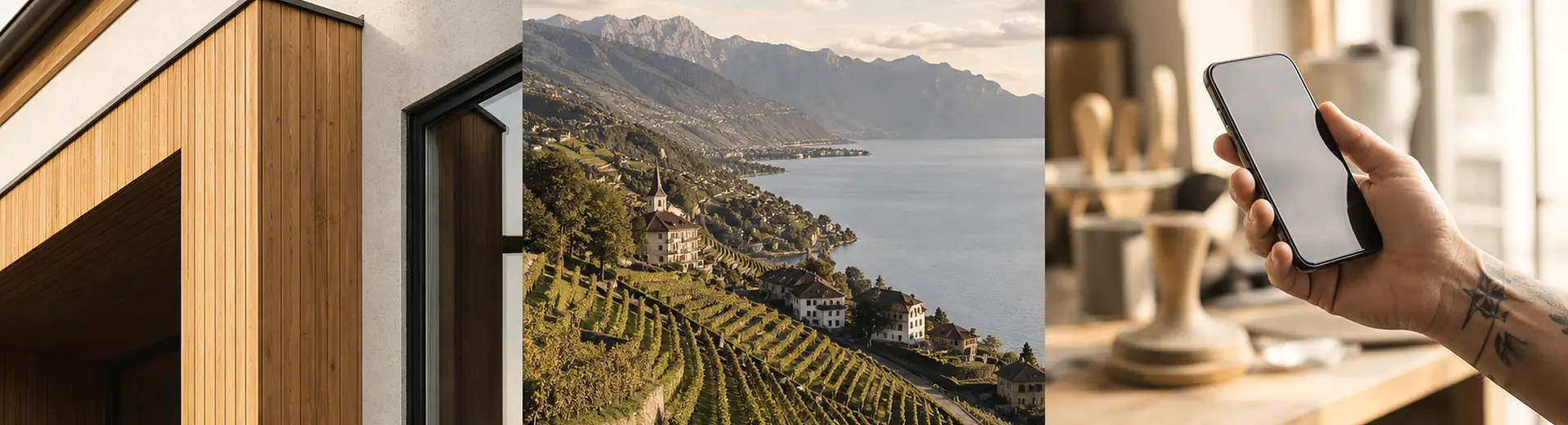 Façade contemporaine, vignobles de Lavaux et artisan consultant un site sur mobile