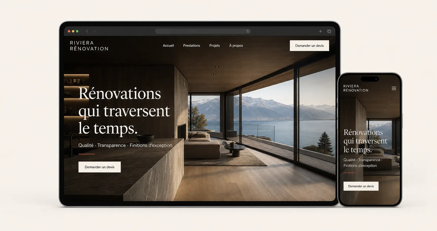 Site témoin Riviera Rénovation présenté sur ordinateur et téléphone